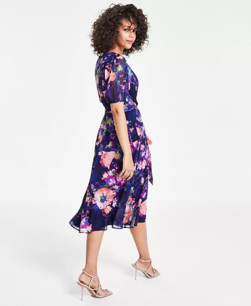 DKNY Dress Womens Size 2 Midi Wrap Belted Colorful Floral Party Event
